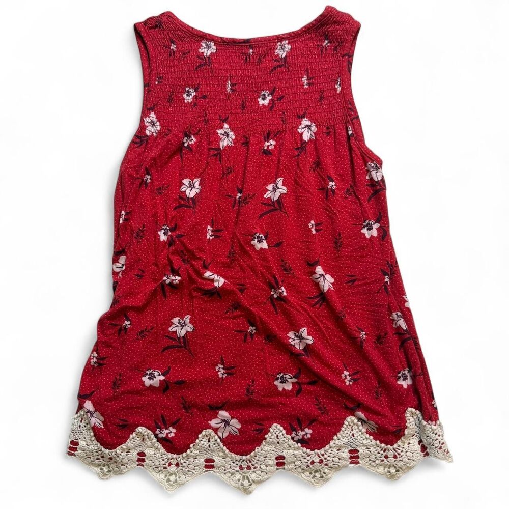 Rewind Red Floral Smocked Babydoll Tank Top Crochet Hem Women’s XS Boho - Picture 4 of 7